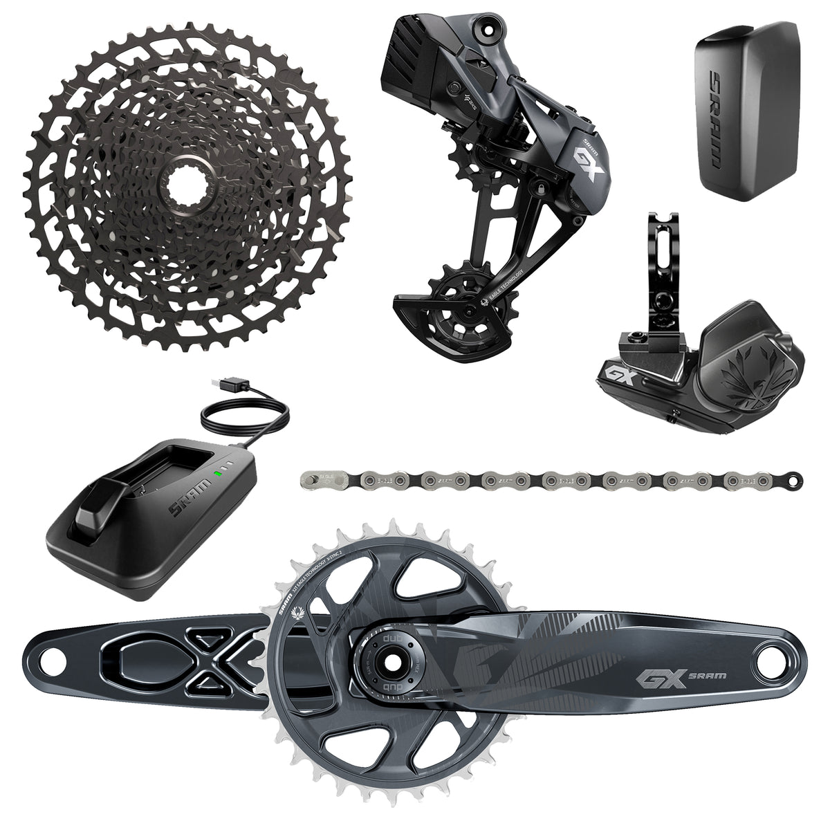 SRAM GX Eagle AXS DUB Groupset - 11-50T - Includes: Rear Der & Battery, Trigger Shifter Wclamp, Crankset DUB 12S 170/175 Boost Wdm 32T Xsync2 Chainring, GX Eagle Chain, Cassette Pg-1230 11-50T, Charger/Cord, Chaingap Gauge 170MM