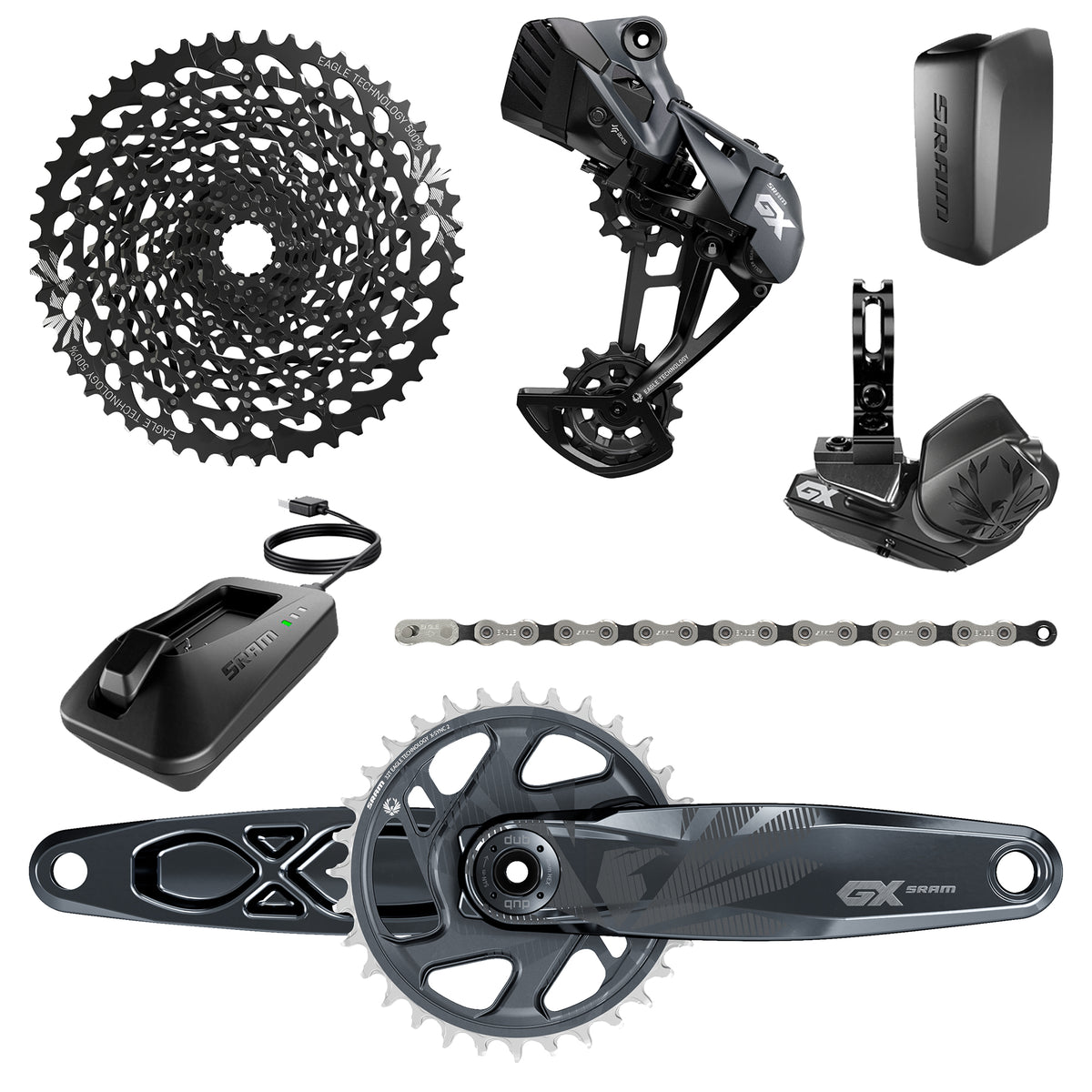 SRAM GX Eagle AXS DUB Groupset - 10-50T - Includes: Rear Der & Battery, Trigger Shifter Wclamp, Crankset DUB 12S 170/175 Boost Wdm 32T Xsync2 Chainring, GX Eagle Chain, Cassette Xg-1275 10-50T, Charger/Cord, Chaingap Gauge 170MM 